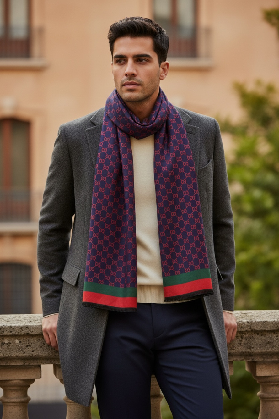 Gucci GG Wool Jacquard Scarf in Bordeaux and Blue with Green and Red Web Stripe
